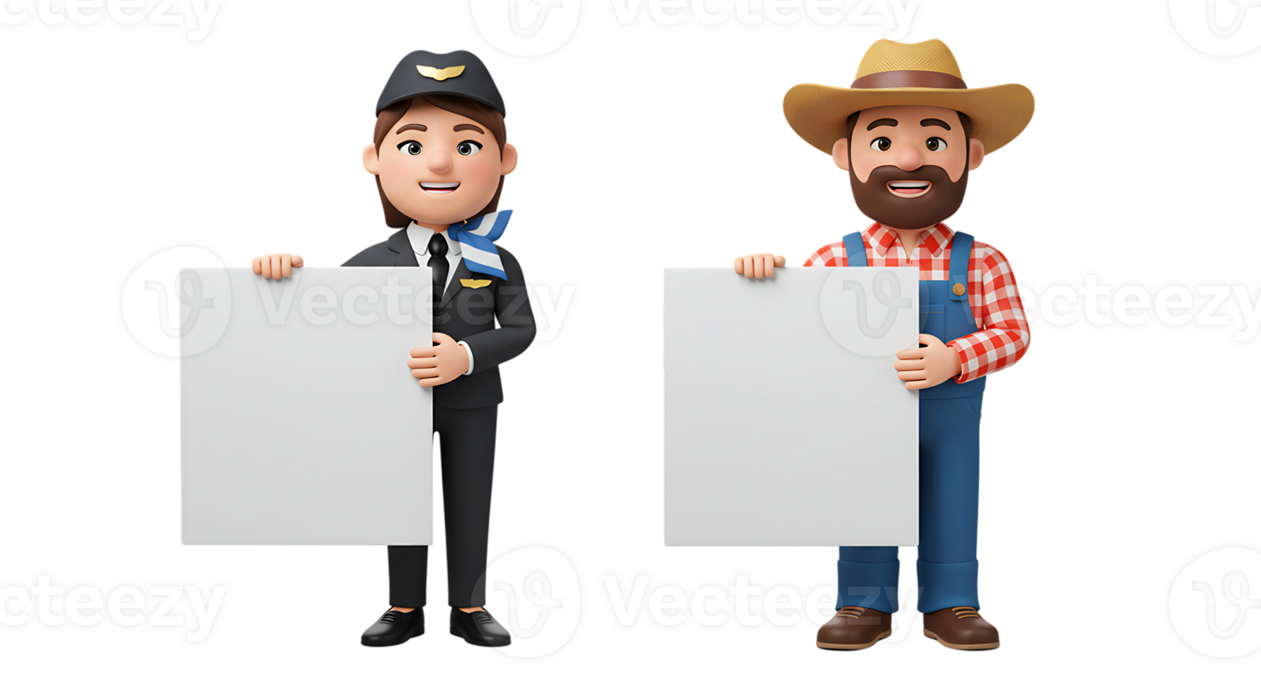 Professions Holding Blank Signs Flight Attendant and Farmer 3D Render png