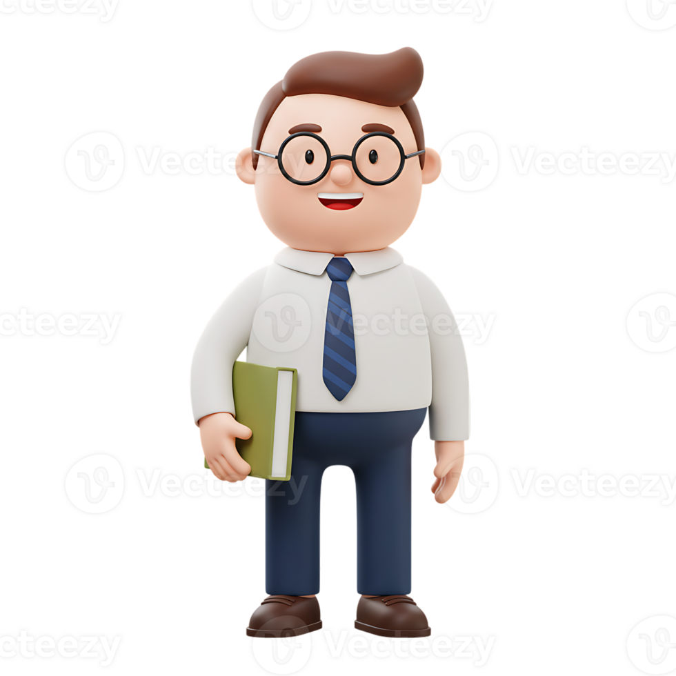 Cartoon Man with Book Animated Character, Round Glasses, Teacher or Librarian Pose png
