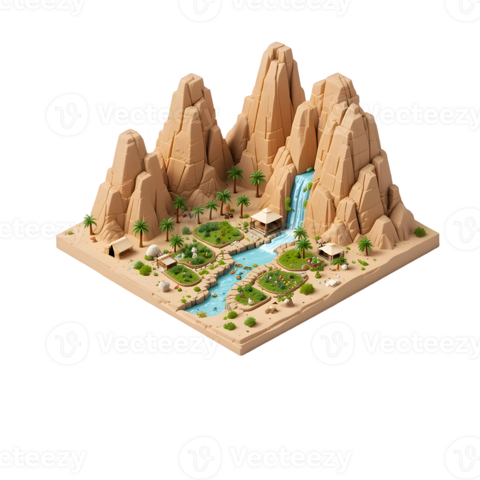 A 3d model of a desert landscape with a waterfall png
