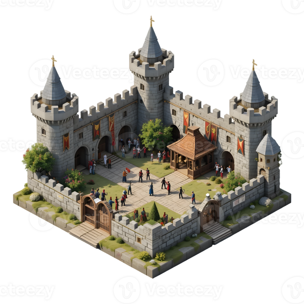 Isometric Medieval Castle Courtyard Scene 3D Render png