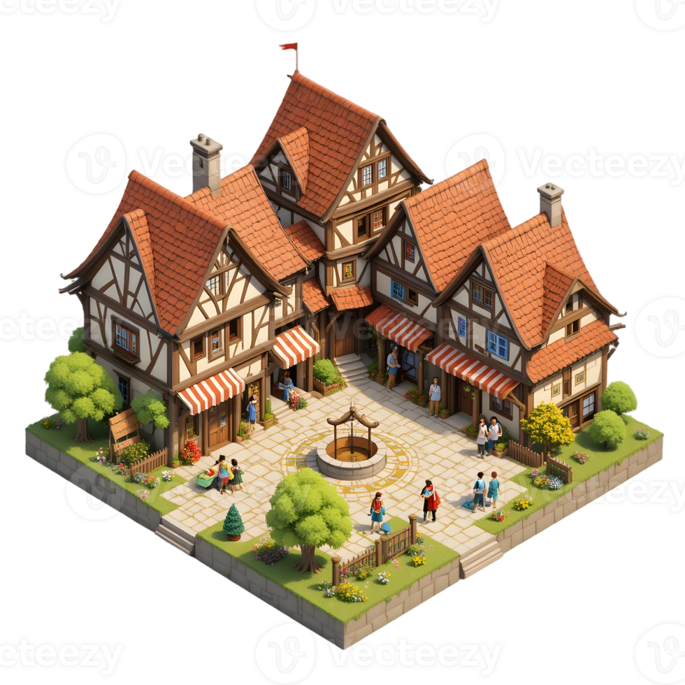 An isometric view of a medieval town png