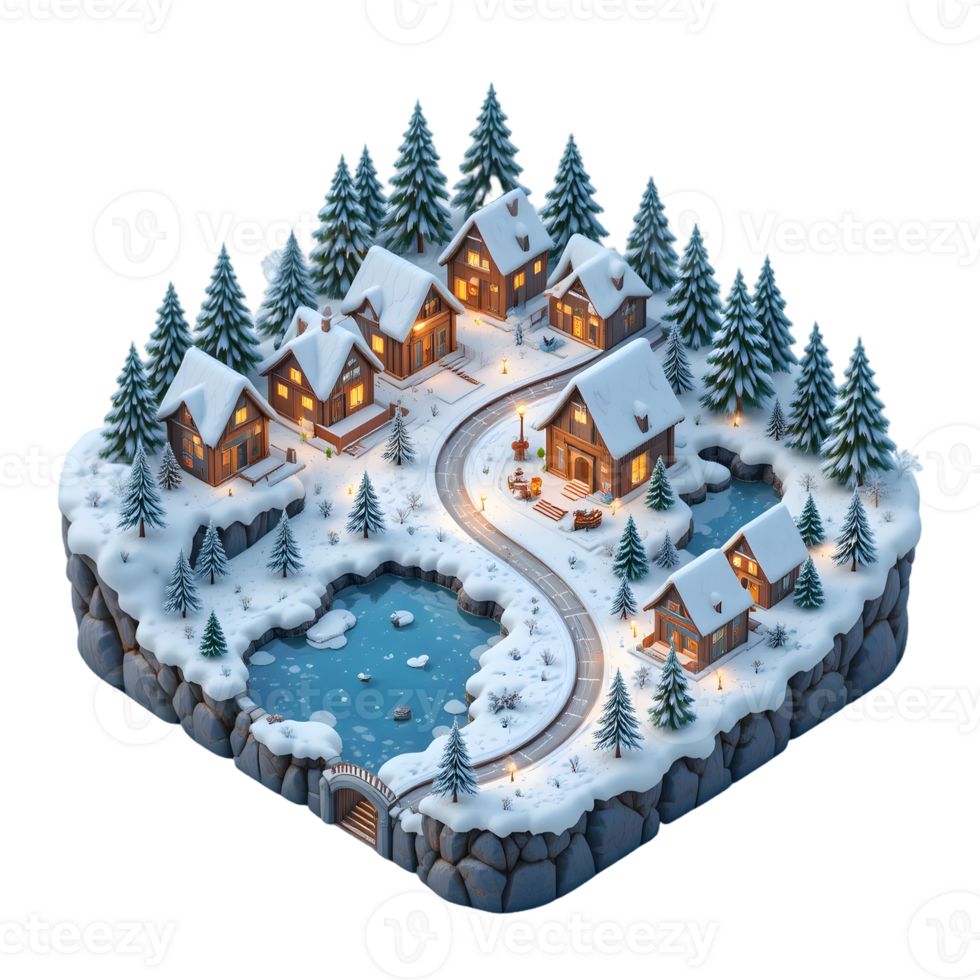 A winter village with houses and trees png