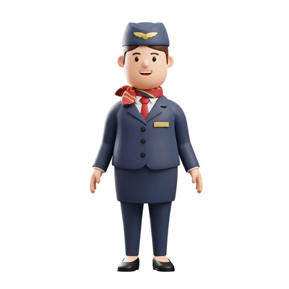 Stylized Stewardess 3D Render in Navy Suit and Red Scarf, Isolated on White png