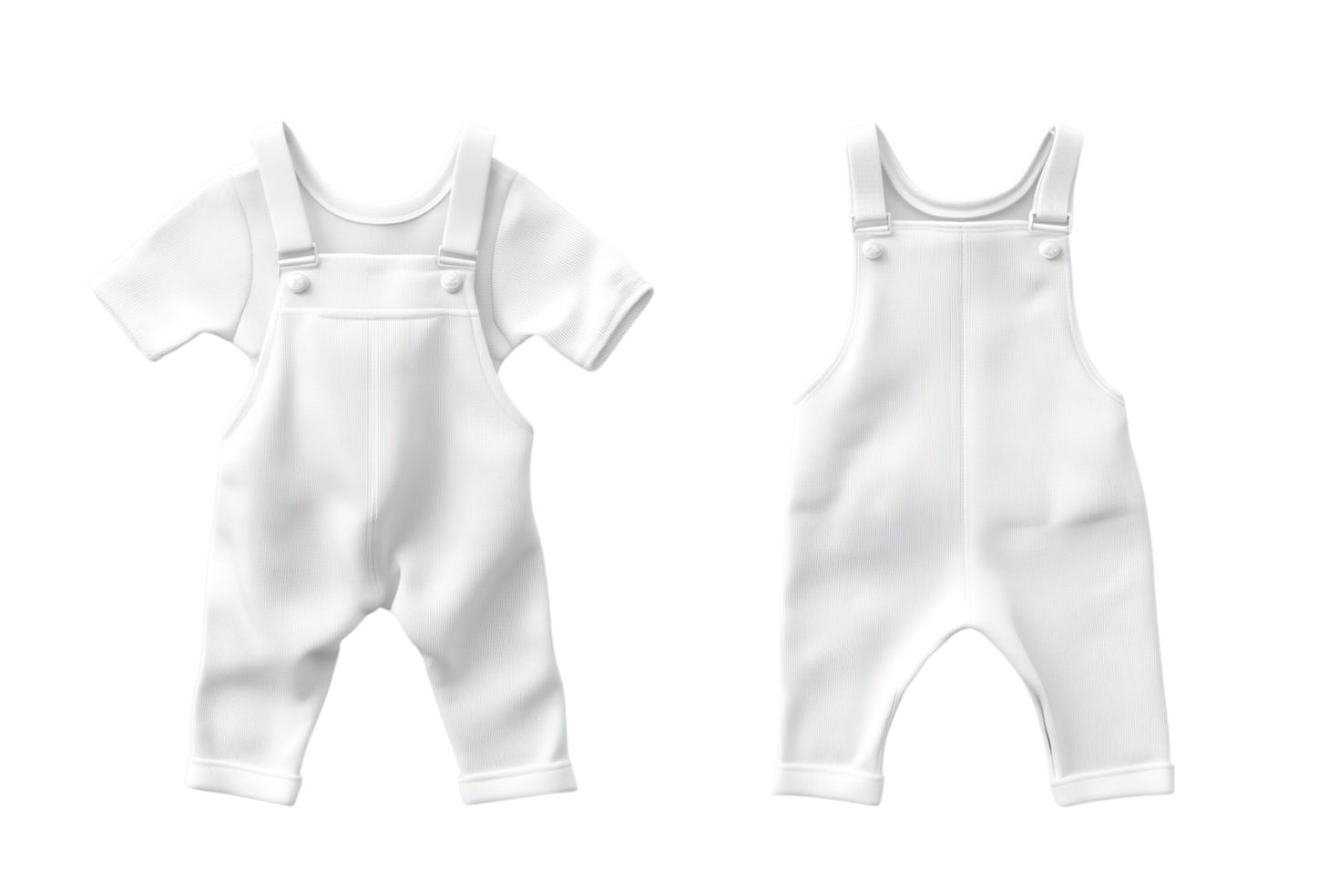 Baby white jumpsuit mock-up, front and back view on a transparent background. png
