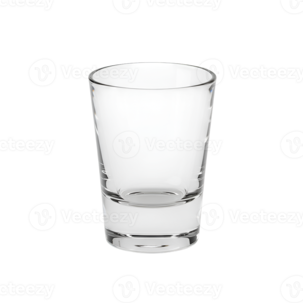 Close-up shot of a clear and empty shot glass, isolated on transparent background, perfect for adding your own beverage or liquid png