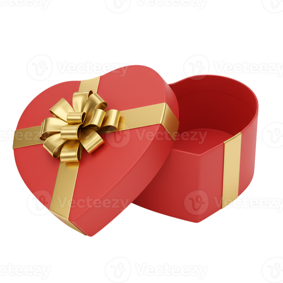 Elegant Red Heart-Shaped Gift Box with Golden Ribbon on Transparent Background png