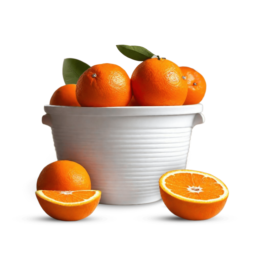 Full of basket tangerines oranges with leaves in white bowl png