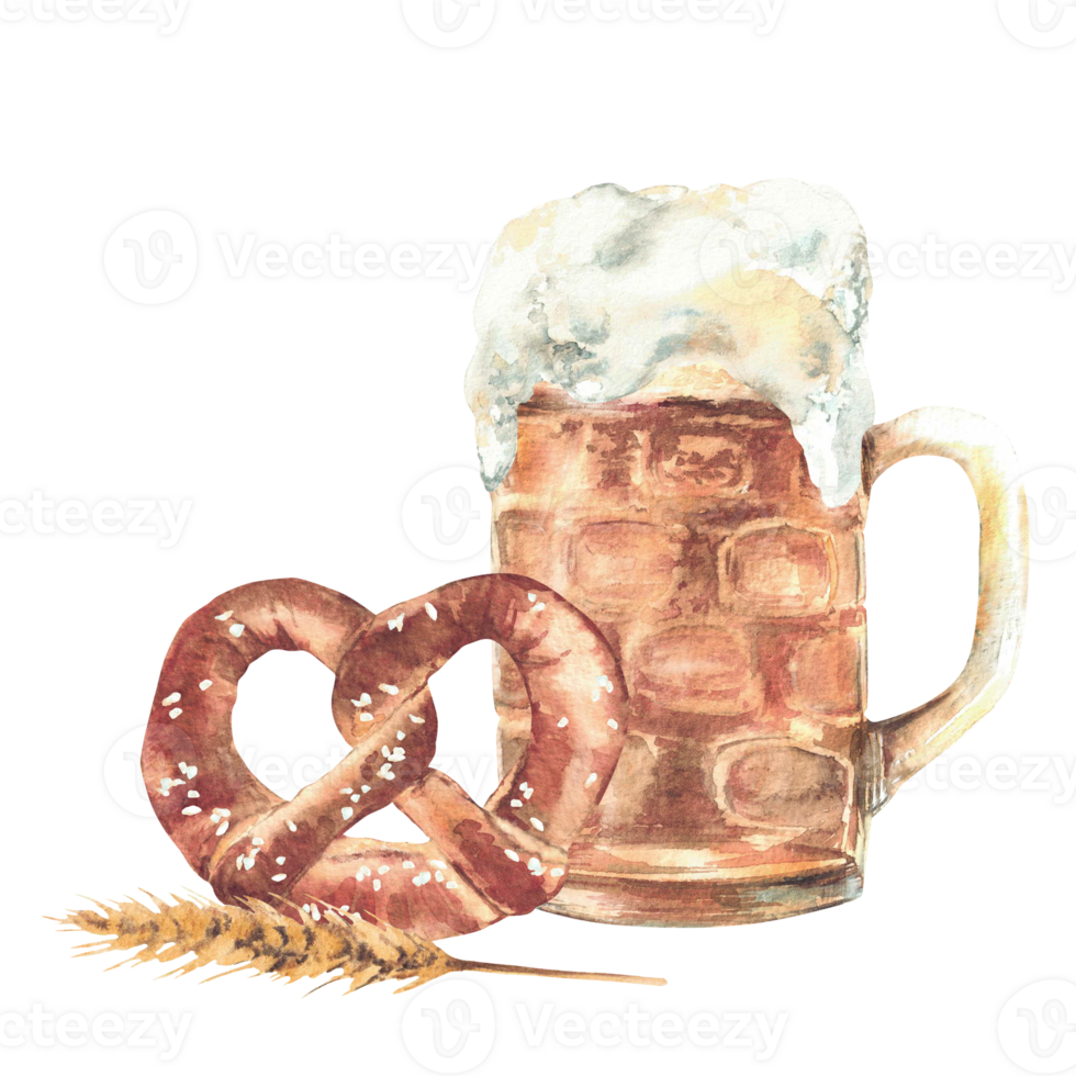 Mug of Beer with bretzel and spike malt. Pint of drinks and traditional Germany pretzel with salt. Watercolor hand painted isolated illustration. Traditional Bavarian food and drink at Oktoberfest. png