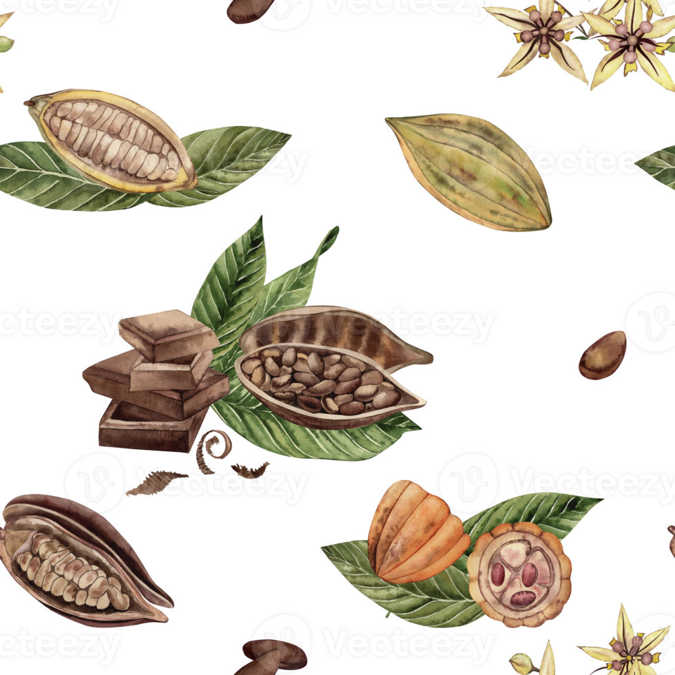 Seamless pattern with pieces of chocolate, fruits, grains, leaves of the cocoa tree. The watercolor illustration with whole and cut cocoa beans is hand-drawn. For wallpaper design, textiles, packaging png