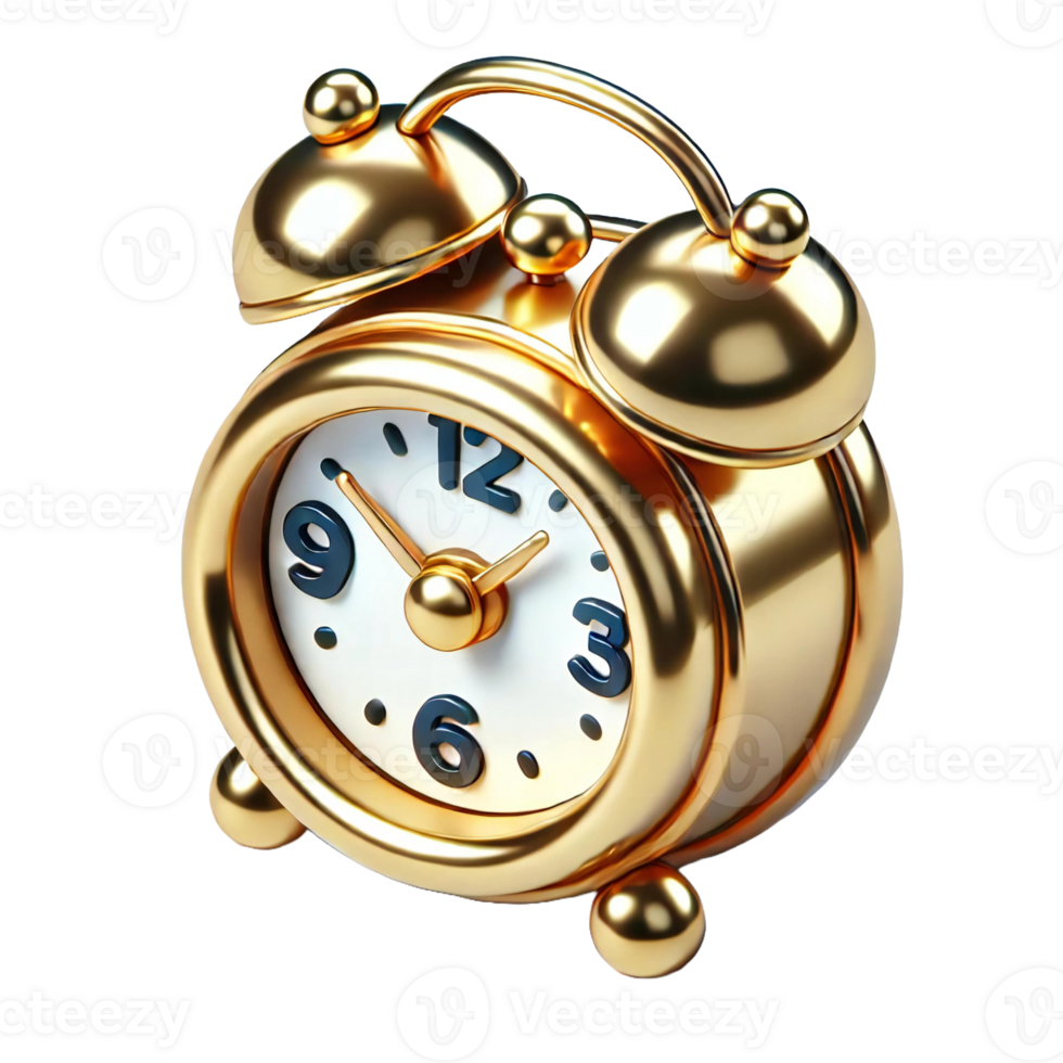 Gold Shiny Alarm Clock 3D Illustration. png