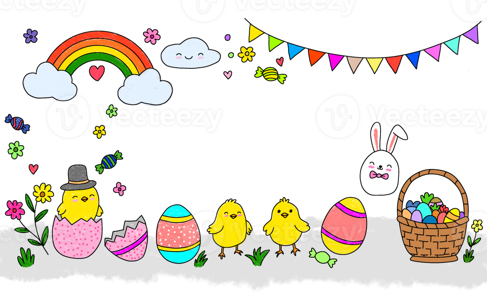 Easter bunny, chick, and eggs in a field png