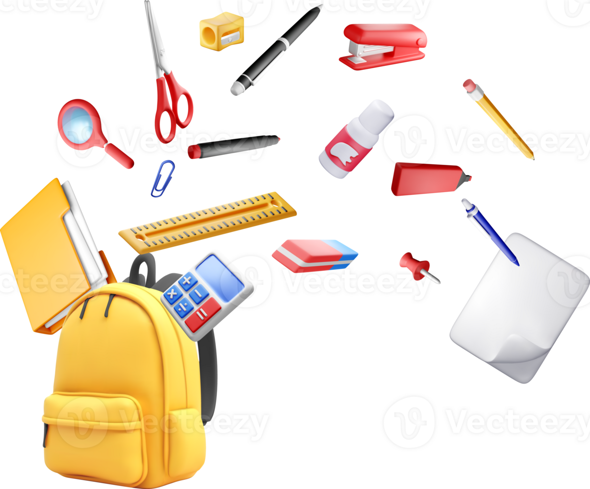 3D Yellow school backpack with stationery. png