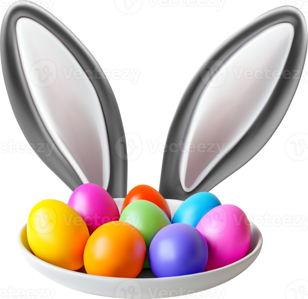 3D colorful easter eggs with bunny ears in plate png
