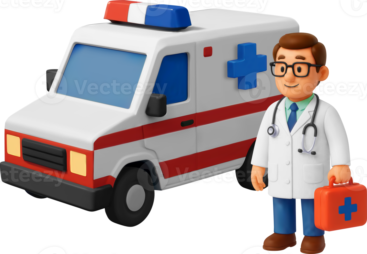 3D doctor with ambulance car png
