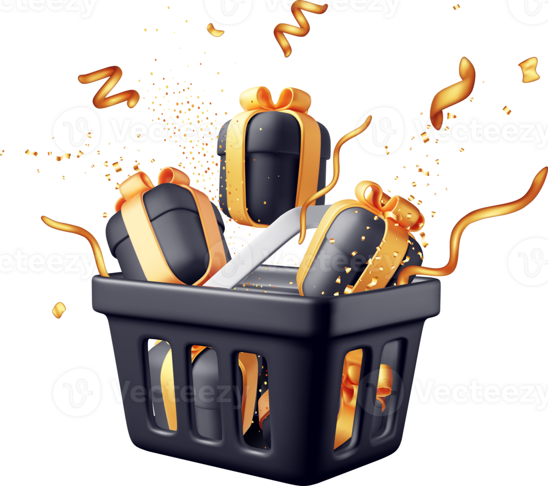 3D black shopping basket, gift box in confetti png