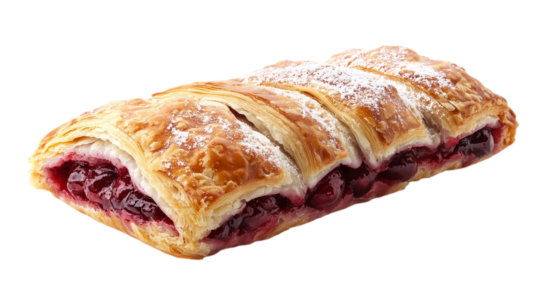 Golden brown mini cherry strudel dusted with sugar isolated on transparent background png