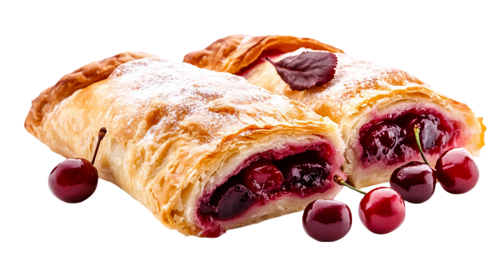 Mini cherry strudel pastry with golden flaky crust isolated on transparent background png