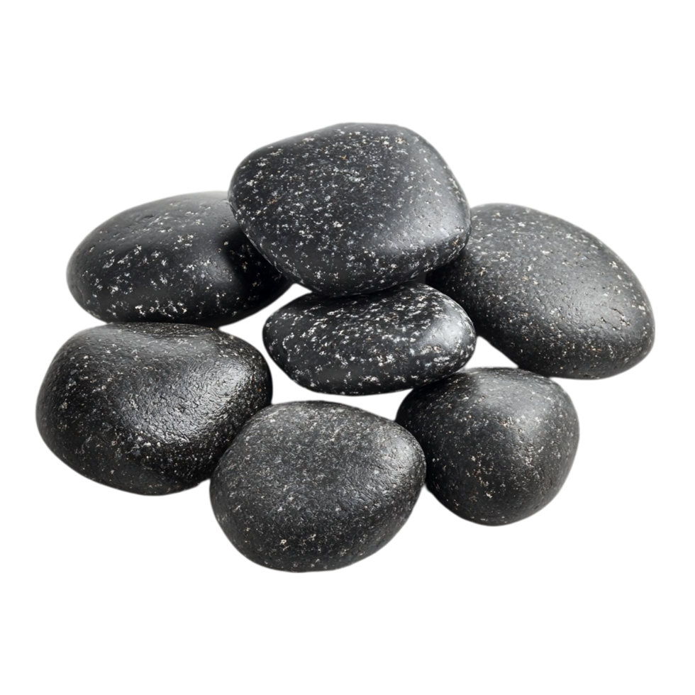 Black lava stones with natural porous texture for spa and decoration isolated on transparent background png