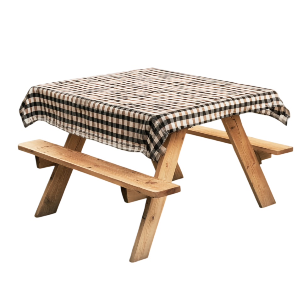 Rustic picnic table with red checkered cloth for outdoor dining isolated on transparent background png