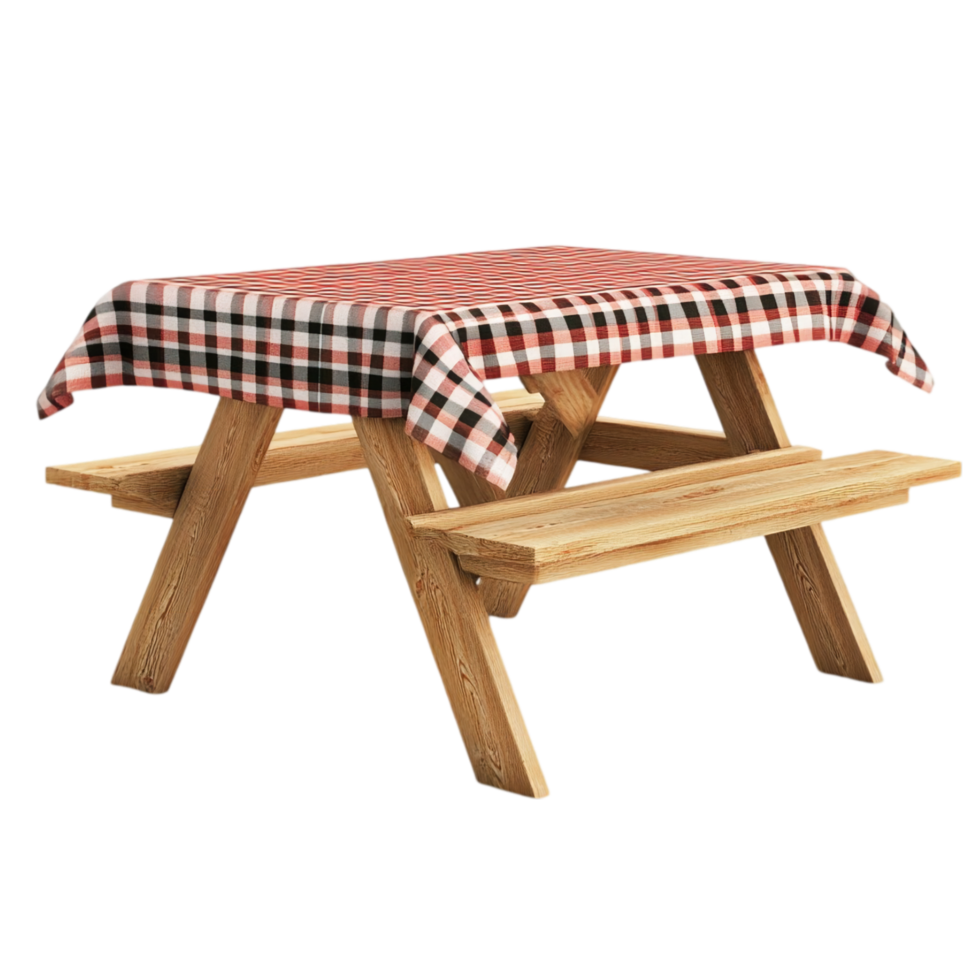 Classic wooden picnic table draped with checkered cloth isolated on transparent background png