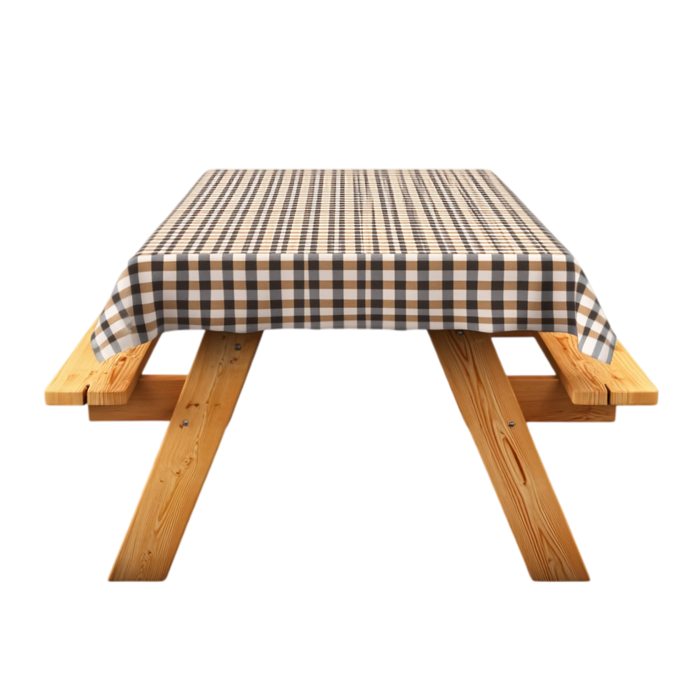 Outdoor picnic table with traditional checkered tablecloth isolated on transparent background png