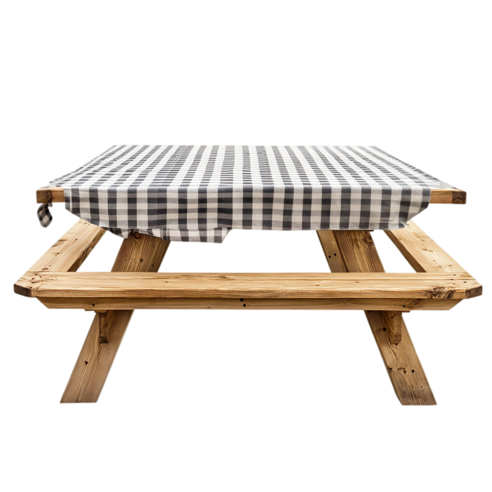 Family-style picnic table covered with checkered cloth for gatherings isolated on transparent background png