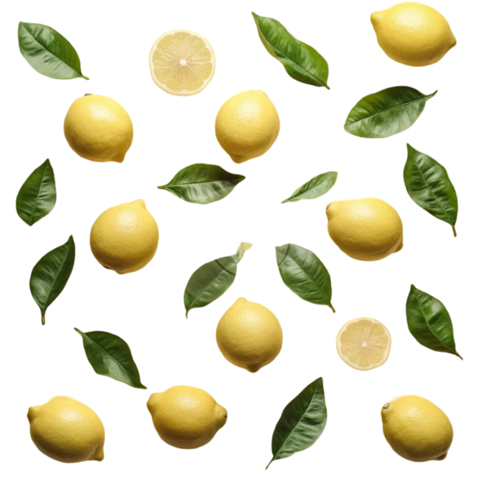 Glossy Lemons with Lush Green Leaves Isolated on Transparent Background png