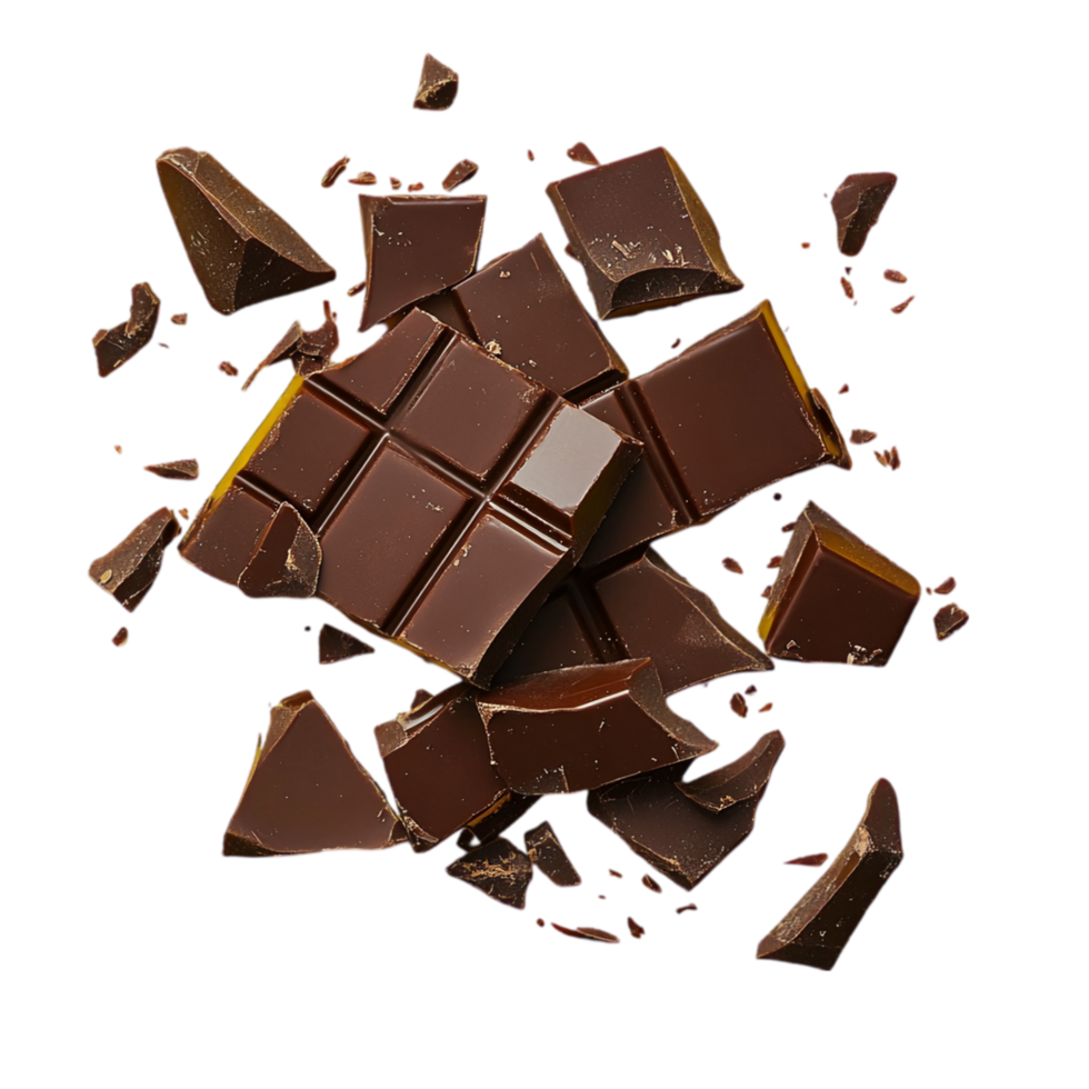 Glossy Chocolate Squares and Crumbled Bits Isolated on Transparent Background png