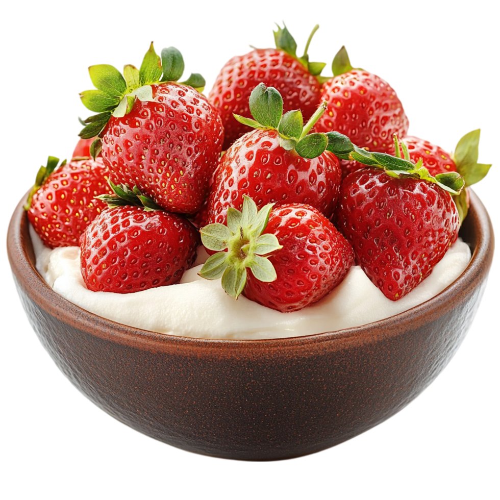 Fresh Strawberries Topped on Creamy Yogurt in a Brown Bowl Isolated on Transparent Background png