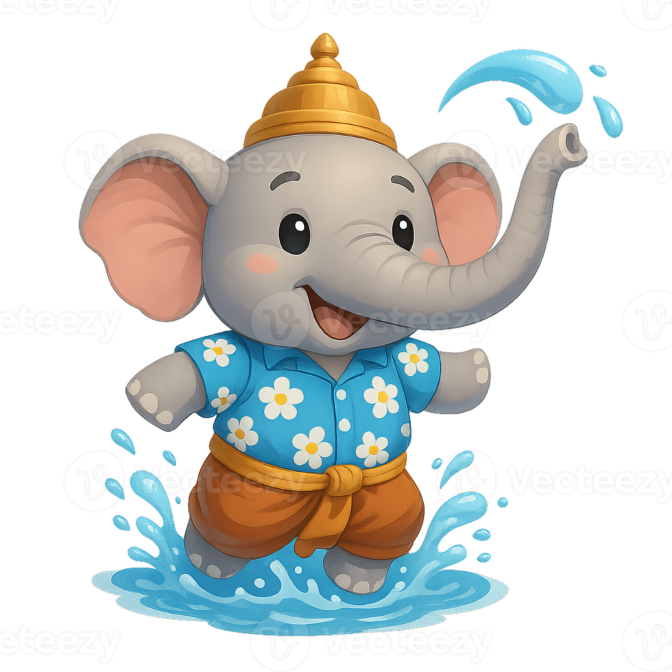 An elephant in a thai outfit is splashing water png