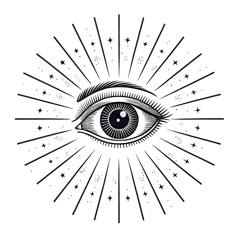 Mystical Eye Illustration with Rays and Stars on Transparent Background png