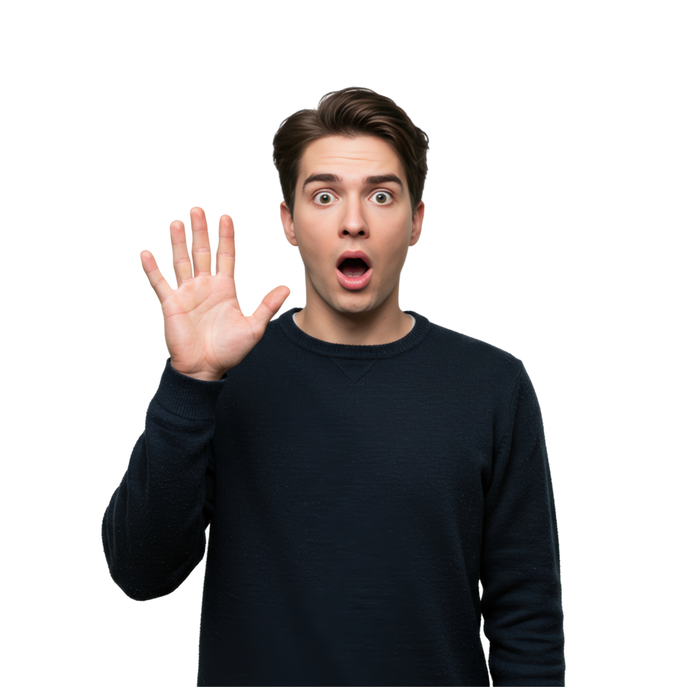 Young Man Expressing Shock or Refusal on Transparent Background png