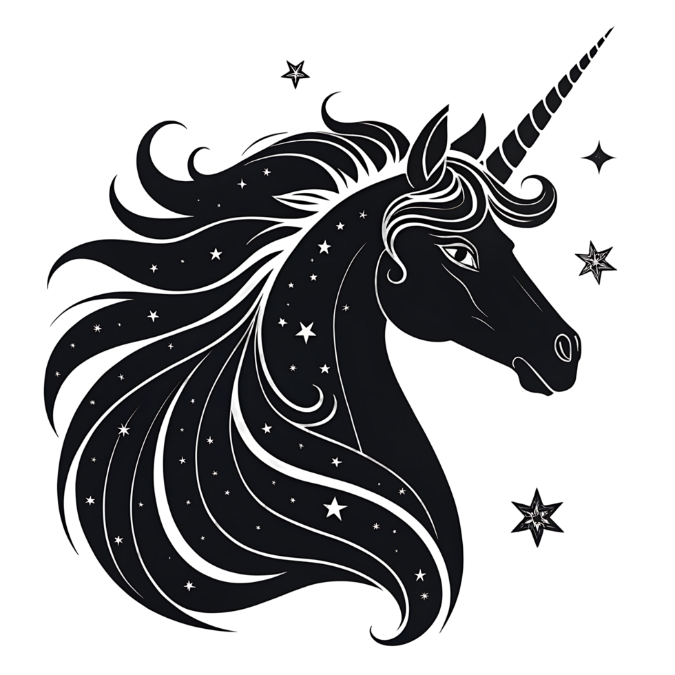 Black and White Fantasy Unicorn Design on Transparent Background png
