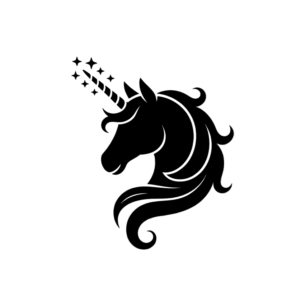 Black and White Unicorn Head Silhouette with Horn png