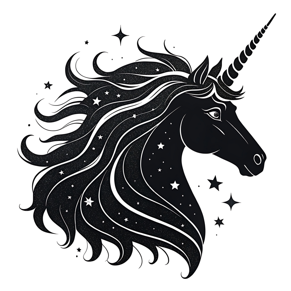 Mystical Unicorn Head with Stars and Horn Illustration png