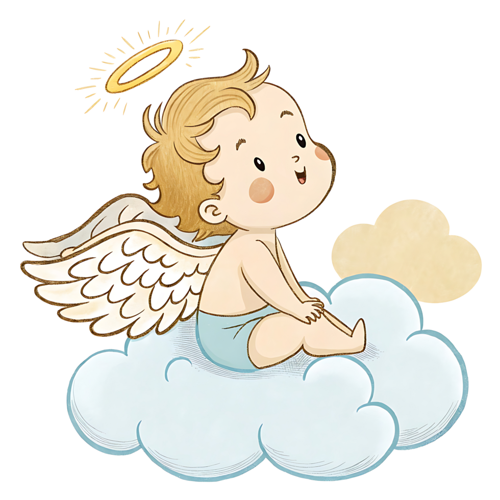Cute Baby Angel Sitting on a Cloud with Halo and Golden Wings png