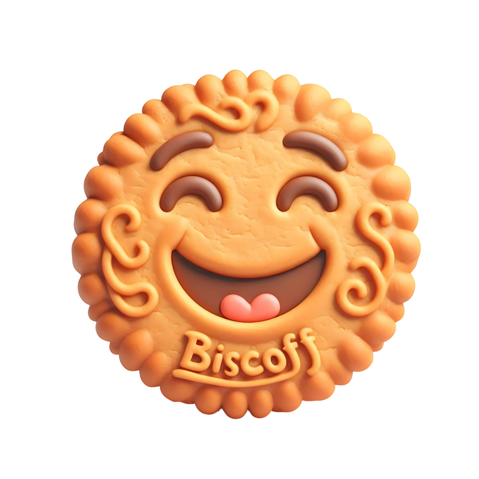 Happy Smiling Biscoff Cookie with Closed Eyes and Biscoff Text png
