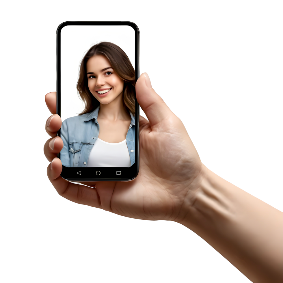 Woman holding smartphone with a photo of a woman on screen png