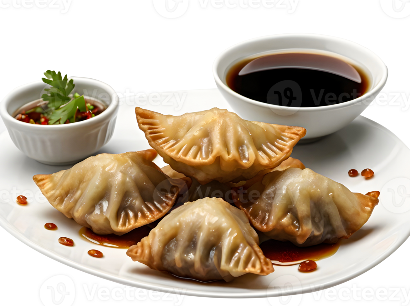 Crispy Gourmet Fried Dumplings with Soy Sauce Dip in white plate png