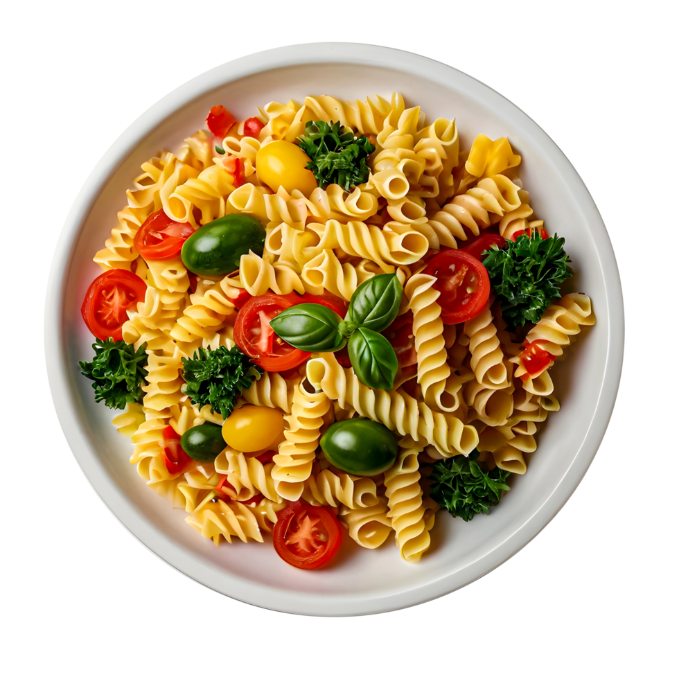Pasta with tomatoes, basil and other vegetables in a bowl png