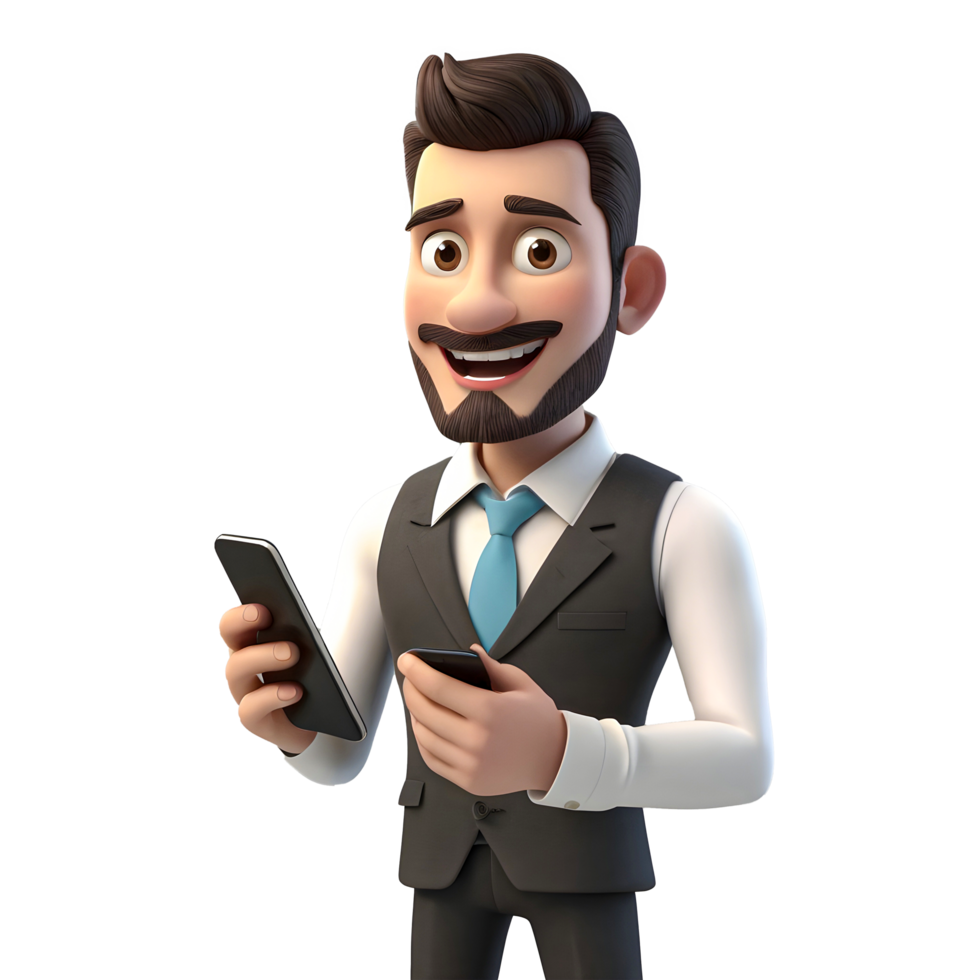 3d cartoon man in suit holding a phone png