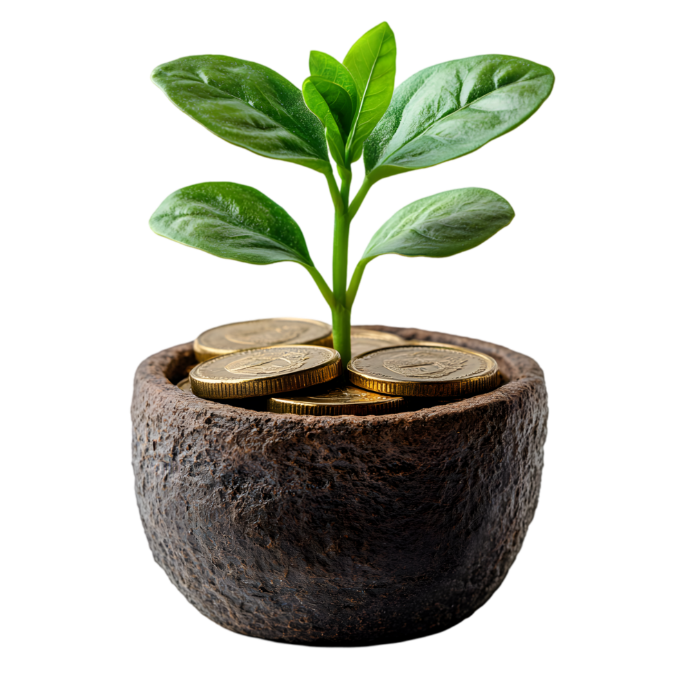 Young Plant Growing from Coins in Pot Financial Growth Investment png