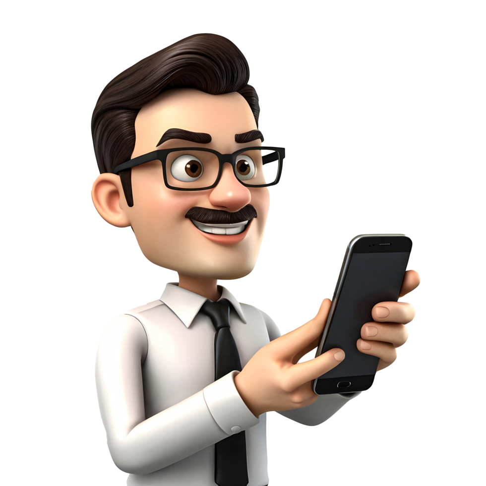 3d cartoon man with glasses and tie holding a smart phone png