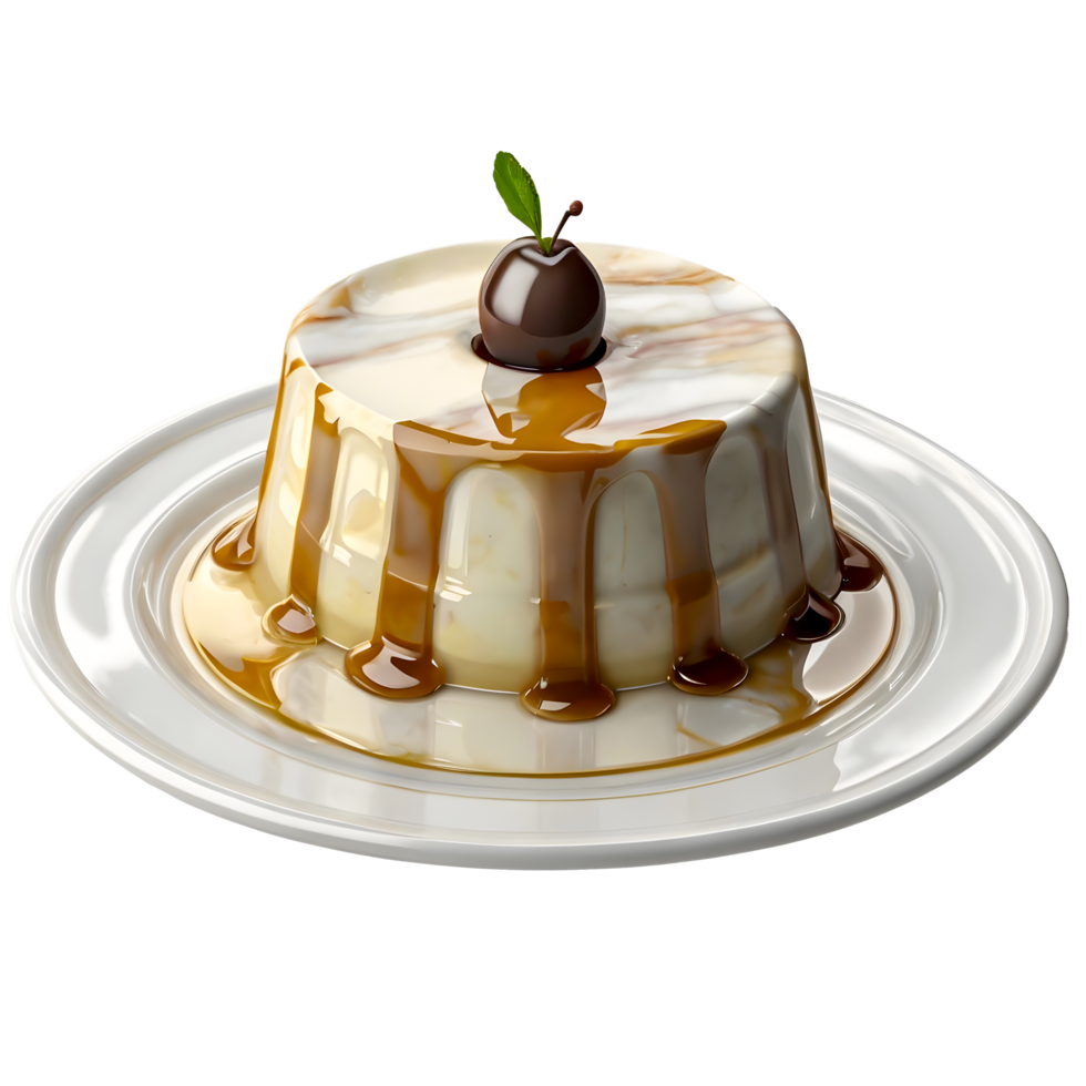 A dessert with caramel sauce and a cherry on top png