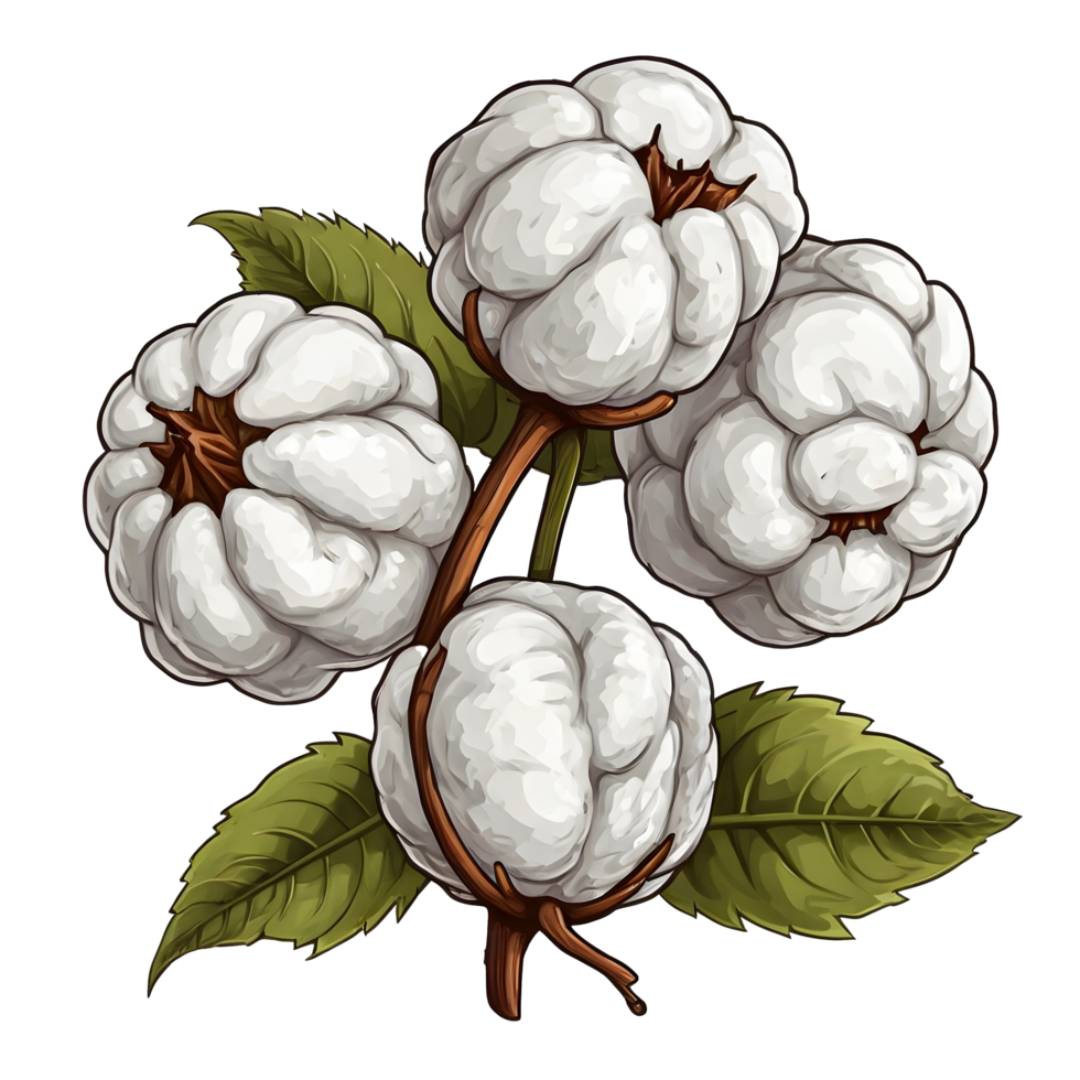 Cotton plant with leaves and white cotton flowers png
