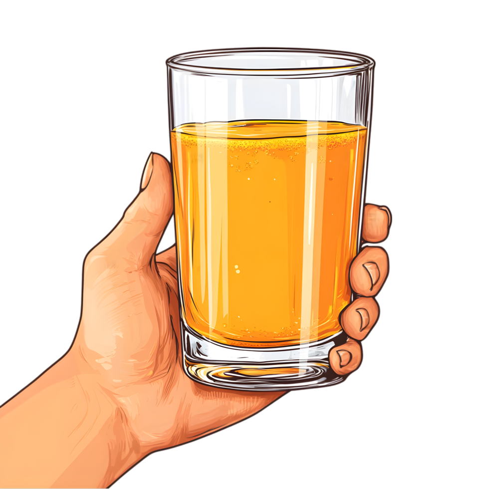 Hand holding a orange juice glass png