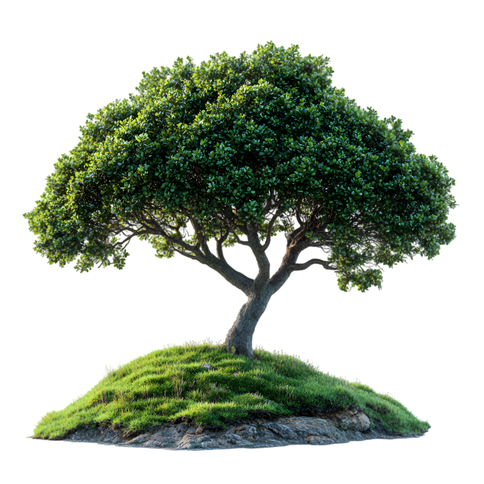 Lush green tree on a grassy hill nature scene png