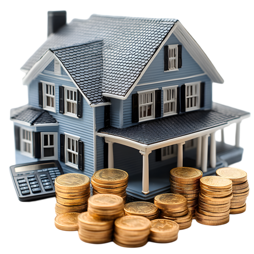 Blue House Model with Gold Coins and Calculator Representing Home Costs, png