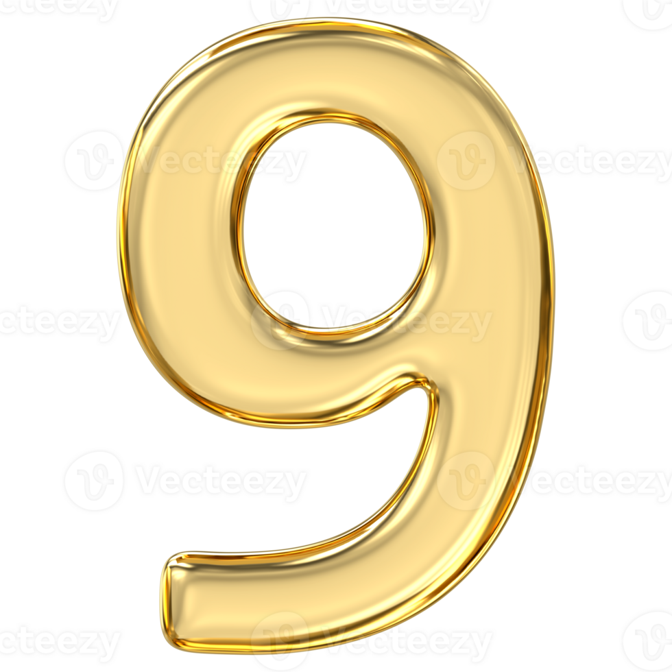 Golden Number 9, pristine, glossy golden number nine radiates wisdom and compassion, exuding graceful completion and elegance in stunning, 3d rendering png