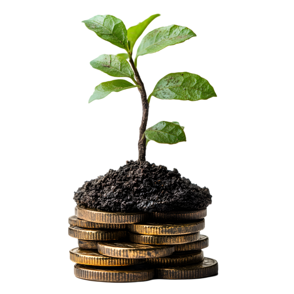 Young Plant Sprouting from Stack of Gold Coins Growth Investment Finance png